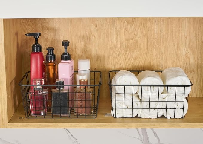 Wire Kitchen Storage Basket 4 Packs,Perfect Pantry Organization Accessories Basket,Laundry Basket,Countertop Organization,Suitable for Kitchen,Bathroom,Bedroom,Tabletop,Stackable,Brown