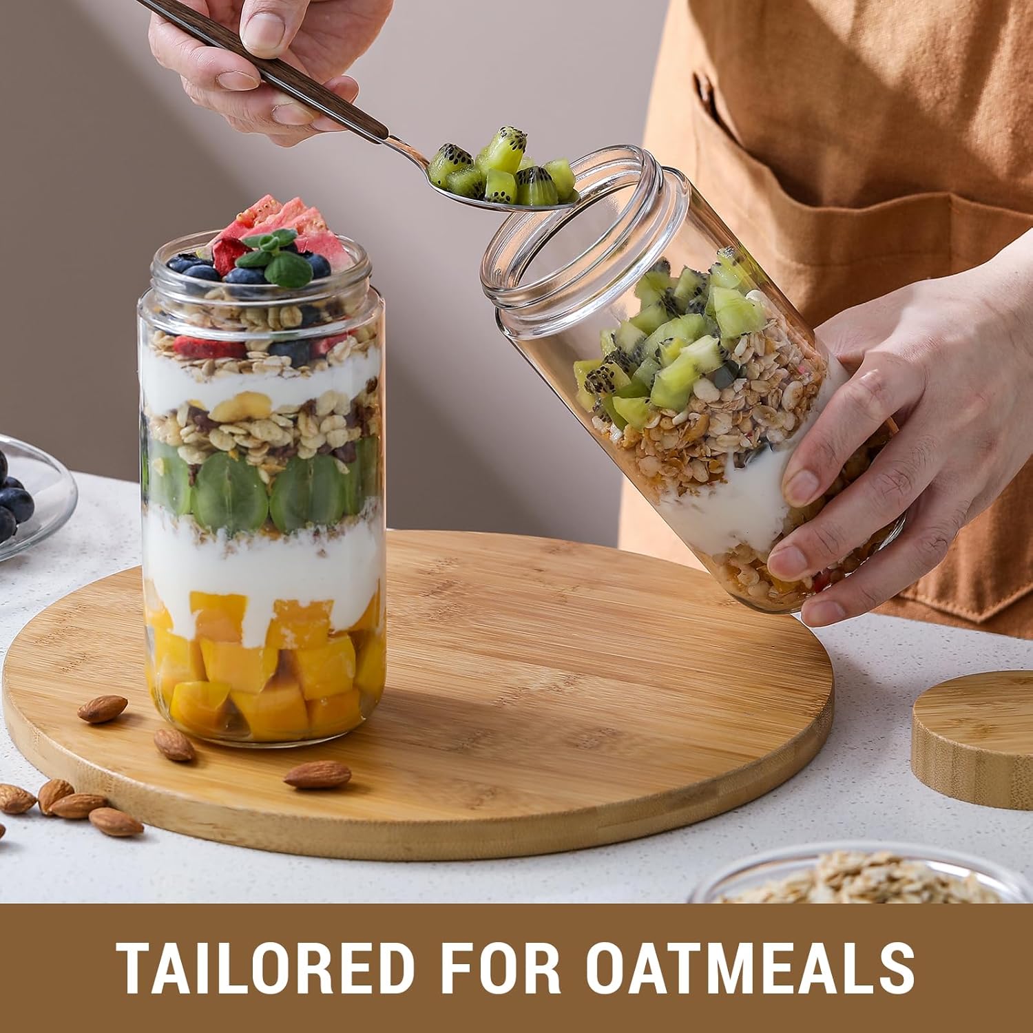 NETANY 4-pack 24oz Glass jars with Airtight Lids, Overnight Oats Containers with Bamboo Lids, Wide mouth Mason Salad jars, Glass Food Storage Containers for Snacks Yogurt Spice Sugar