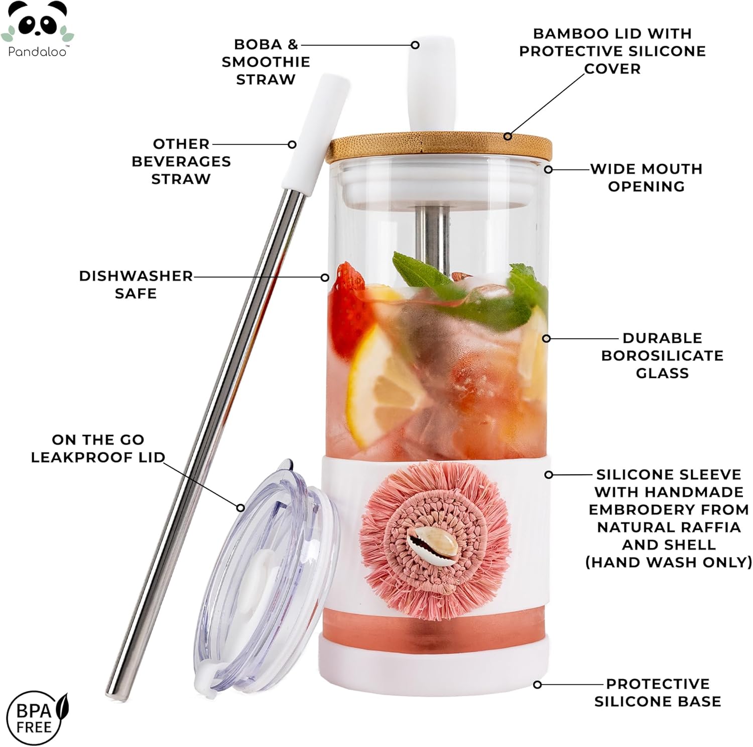 Pandaloo® Glass Cups With Lids and Straws -20 Fl Oz- Perfect Size Iced Coffee Cup - Smoothie Cup With Bamboo Lid and On the go Lid (Ethnic chic-Pink Powder, 1 Count (Pack of 1))