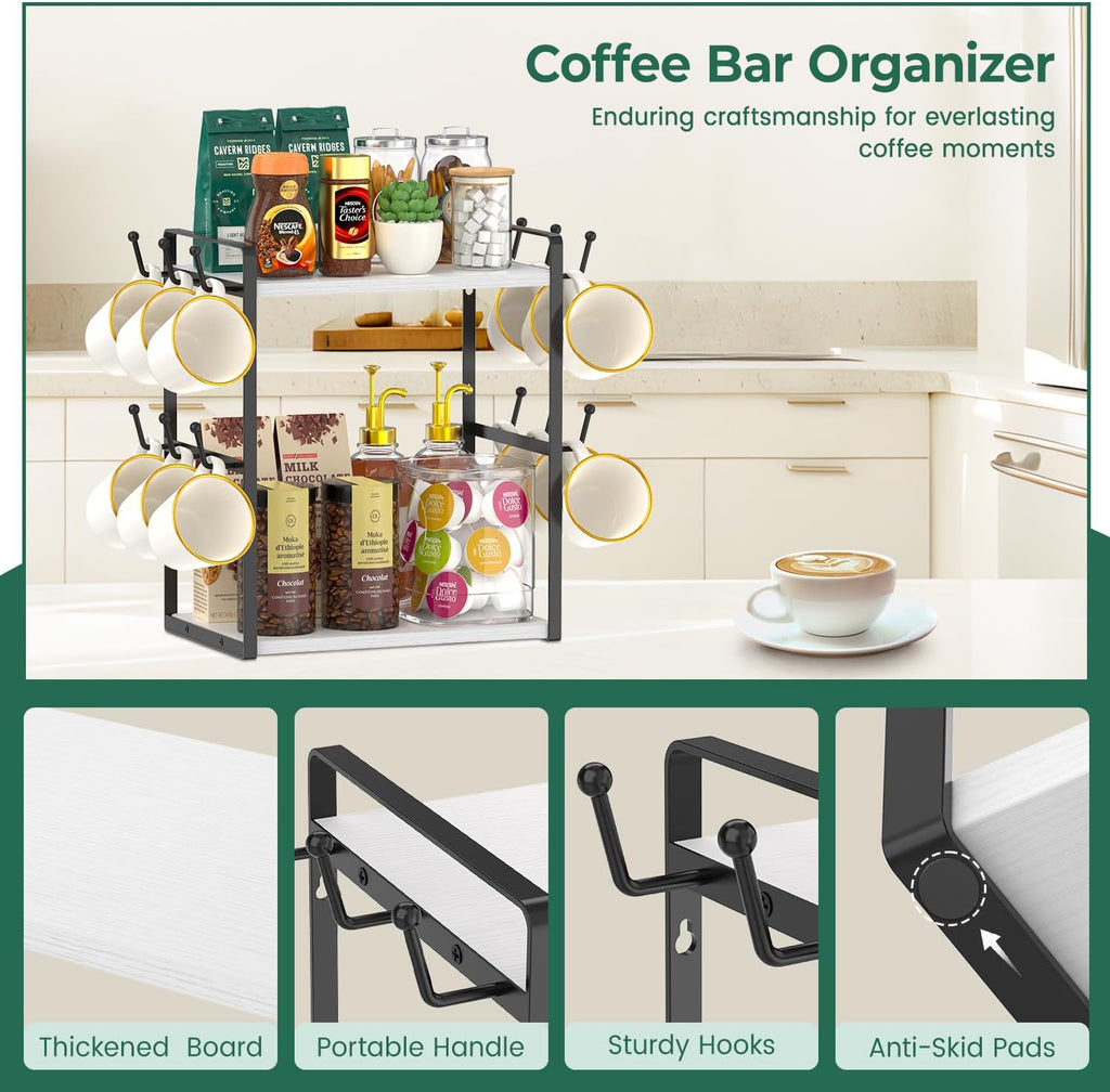 EsLuker.ly 2 Tier Coffee Mug Holder Station Bar Organizer Countertop, Mug Cup Tree Rack for Kitchen Office, Storage Shelf with 12 Hooks, Creat Stylish Coffee Corner, White-Black