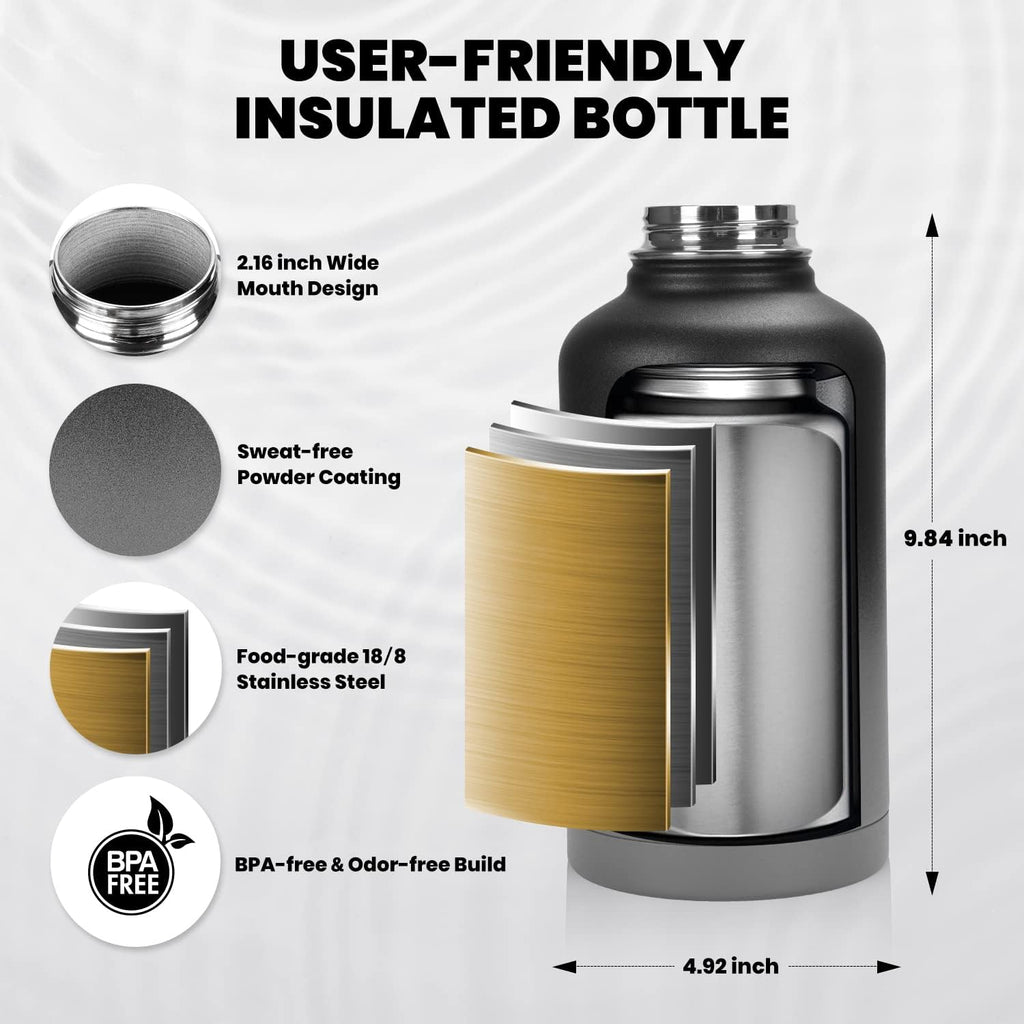 Insulated Water Bottle 64 oz, Triple Wall Vacuum Stainless Steel (Cold for 48 Hrs), Leak Proof & Non-BPA, Half Gallon Water Flask Jug with Paracord Handle & Straw Spout Lids, Dark Gray