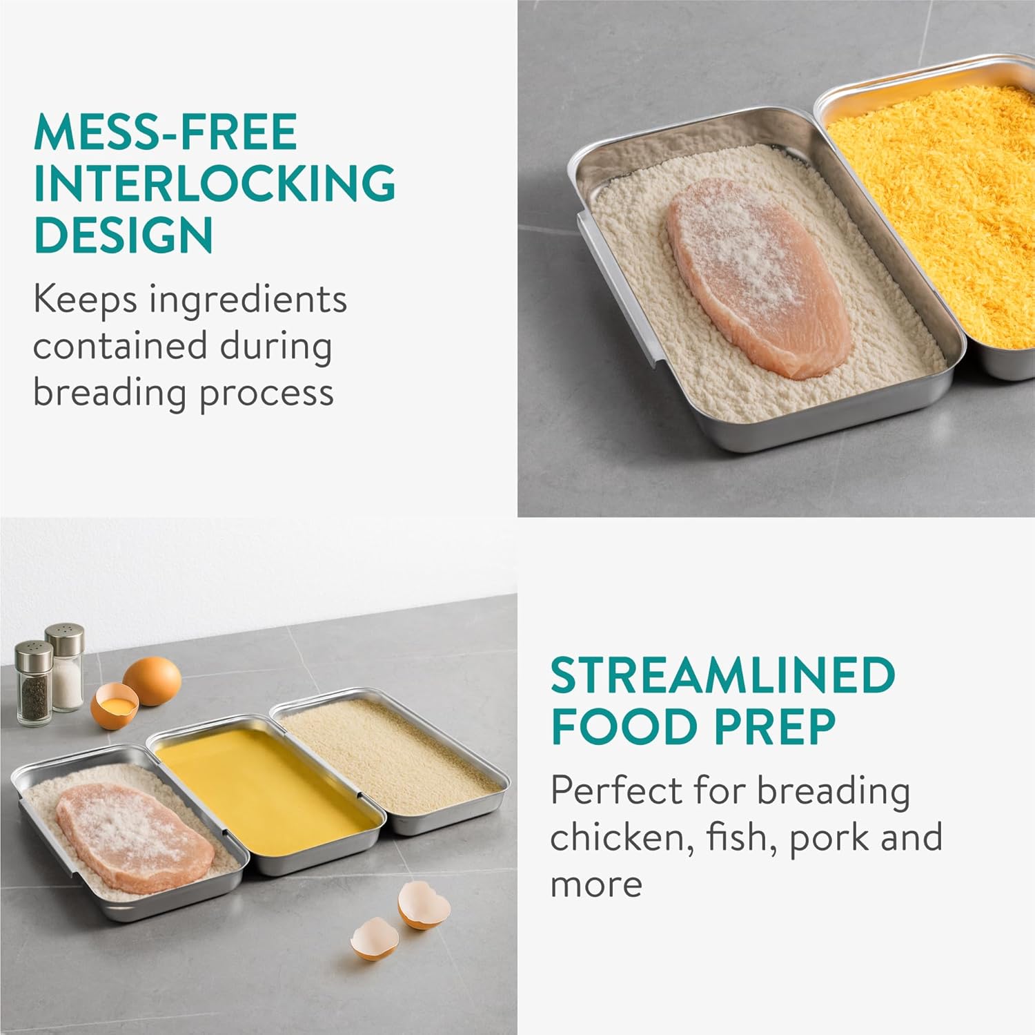 Navaris Stainless Steel Breading Trays, Set of 6 - Interlocking & Stackable Tray Design - 27x15cm Baking and Cooking Sheets - Oven and Dishwasher Ready for Versatile Kitchen Use