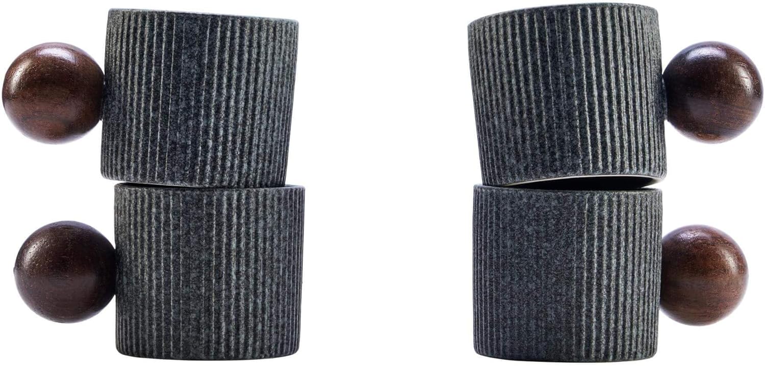 Ceramic Mini Espresso Cups Demitasse Cups with Round Wooden Handle Vertical Stripes Tea Cups (gray, 4pcs)