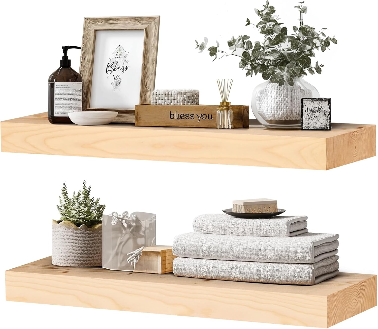 24x8x1.6 inch Floating Shelves Set of 2 – Solid Wood Rustic Wood Wall Mounted Shelf for Kitchen, Bathroom, Living Room