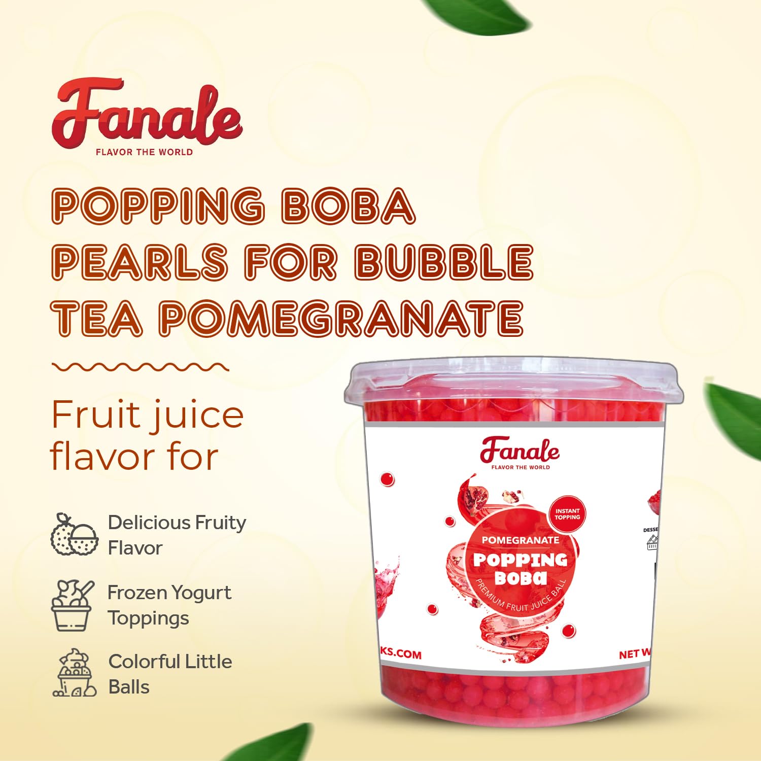 Fanale Pomegranate Popping Boba Pearls, Vegan, Non GMO, Gluten Free, Fat Free, Perfect for Bubble Tea, Smoothies, Ice Cream, Desserts, and Beverages.