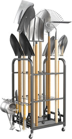 TORACK Garden Tool Organizer Stand with Wheels, Rakes Shovels Yard Tools Stand for Garage, Shed, Garden, Indoor/Outdoor Long-Handled Tools Cart