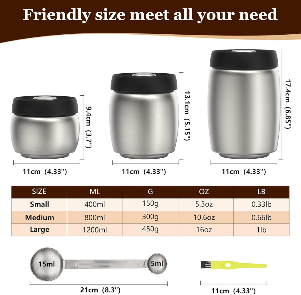 Vacuum Coffee Canister, Coffee Bean Storage with Scoop, Stainless Steel Airtight Food Storage Container, Perfect for Coffee Beans,Grounds,Loose Leaf Tea,2400ml/32OZ(L*2)