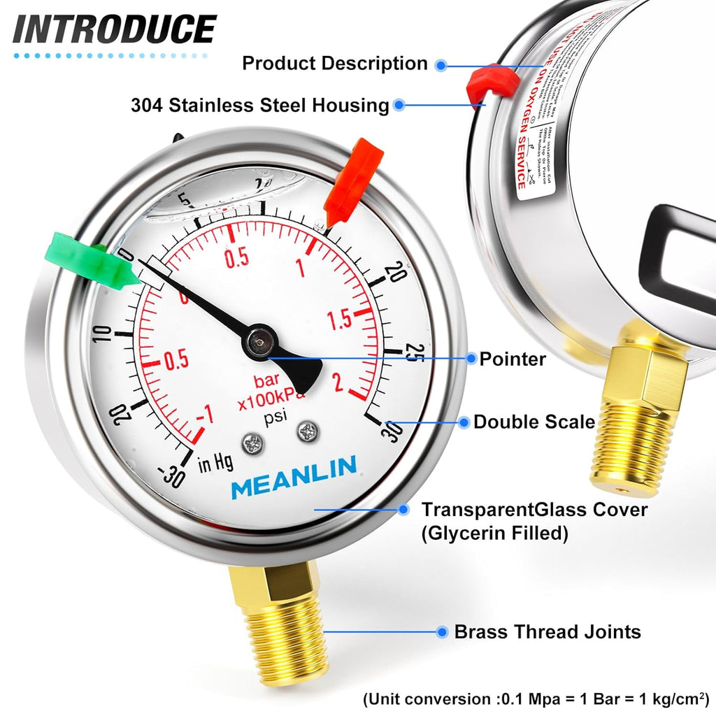 MEANLIN MEASURE -30inHG~30Psi Vacuum Pressure Gauge 1/4" NPT 2.5" FACE DIAL, Stainless Steel Liquid Filled Pressure Gauge WOG Water Oil Air Lower Mount (with 2PCS Snaps)