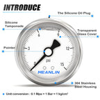MEANLIN MEASURE 0~15Psi Stainless Steel 1/4" NPT 2.5" Single Scale FACE DIAL,Glycerin Filled Pressure Gauge, WOG Water Oil Air Back Mount, with 1/4" x 1/2" NPT and 1/4" x 3/8" NPT Hex Bushing
