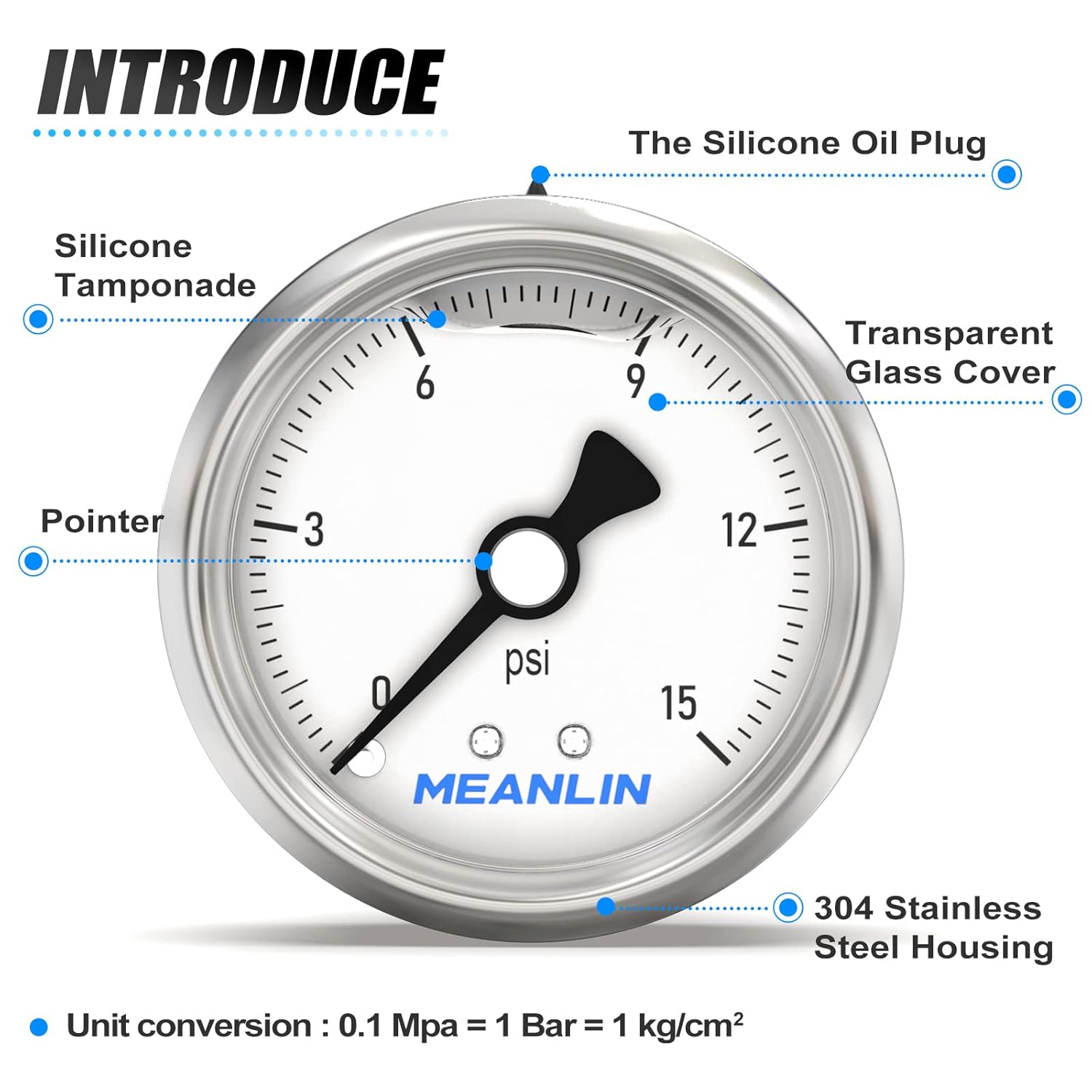 MEANLIN MEASURE 0~15Psi Stainless Steel 1/4" NPT 2.5" Single Scale FACE DIAL,Glycerin Filled Pressure Gauge, WOG Water Oil Air Back Mount, with 1/4" x 1/2" NPT and 1/4" x 3/8" NPT Hex Bushing