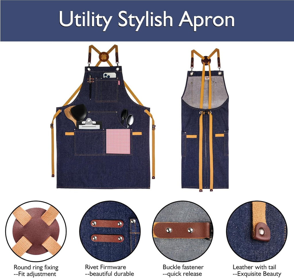 Kitchen Apron, Work Apron, Canvas, Multiple Pockets, Gardening, Painting, BBQ, Artist, Carpenter, Sizes M to XXL, Denim