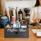 Farmhouse Wooden Coffee Bar Organizer - Countertop Station With Drawer, Pods Holder & Storage Basket
