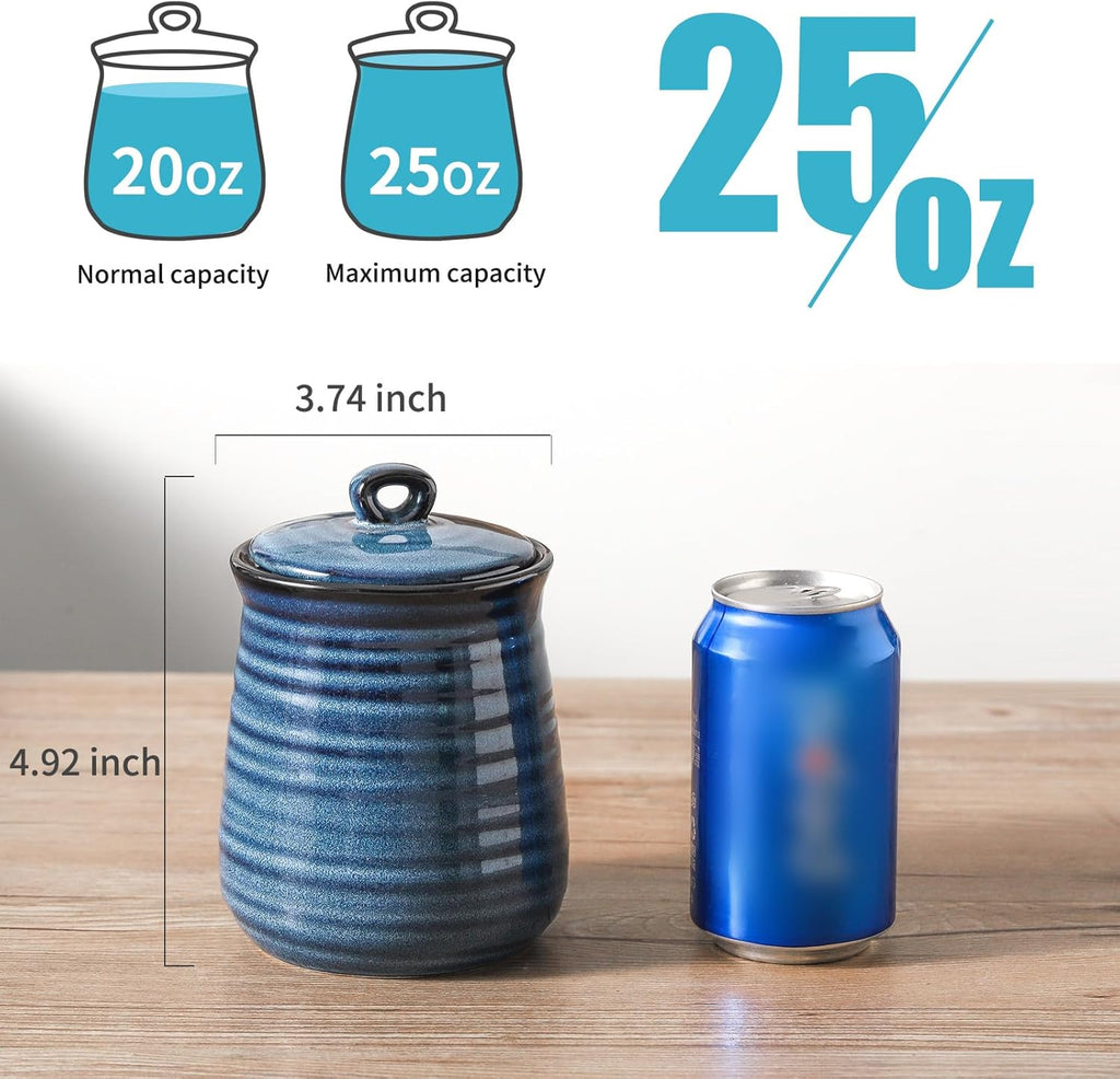 Ceramic Food Storage Jars,25 Oz Porcelain Kitchen Canisters with Airtight Lids Set of 3,Flour Containers for Countertop,Farmhouse Decor Serving Ground Coffee,Tea,Sugar,Pasta and Rice,Blue