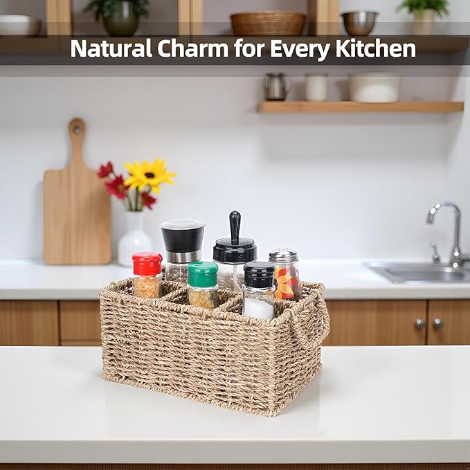 Wicker Party Silverware Caddy, Seagrass Plastic Cutlery Utensil Holder, Hand Woven with Handles, Kitchen Countertop and Picnic flatware Organizer (4 compartments)