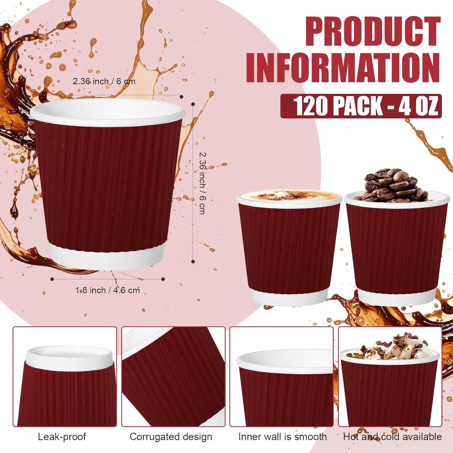 120 Pack Paper Espresso Coffee Cups, 4 oz Disposable Coffee Cups,Corrugated Insulated Ripple Wall, Paper Ripple Cup for Coffee, Hot Chocolate and Hot Tea Drinks -Red