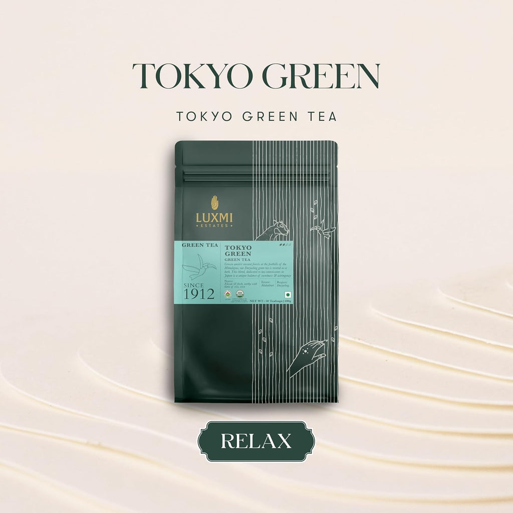 Luxmi Estates Tokyo Green Organic Green Tea (50 Tea Bags) Tea Bags For Relaxing, Calming, and Stress Relief, With Certified Organic Darjeeling Makaibari Green Tea