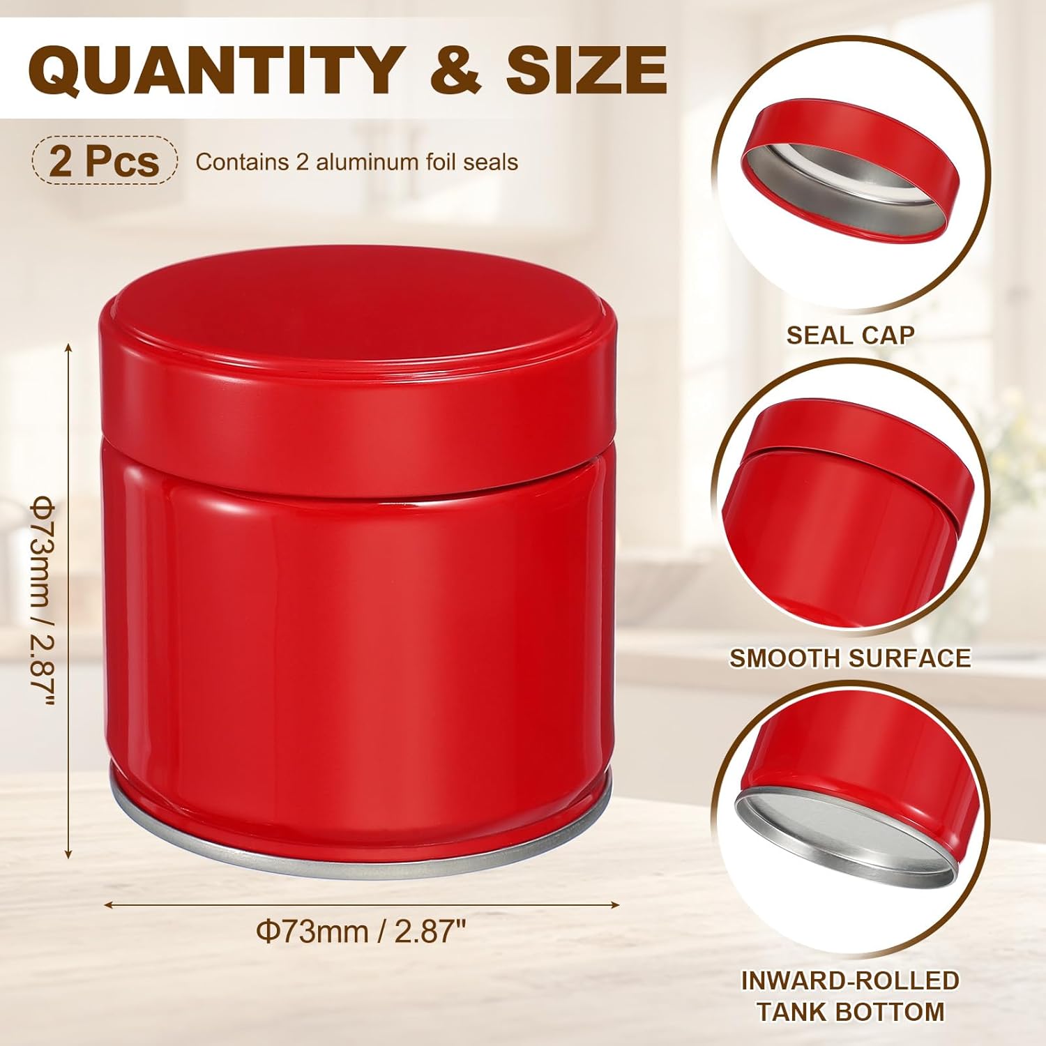 uxcell 2Pcs Round Tea Canisters, 3" x 3" Airtight Metal Tea Containers for Loose Tea, Coffee Beans, Spices - Durable, Compact, and Stylish Storage Tea Tin (Red)
