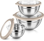 HaWare Mixing Bowls with Airtight Clear Lids, 6-Piece Stainless Steel Strong Nesting Bowls Set, Metal Salad Bowl for Cooking, Prepping, Baking, Serving & Food Storage, Size 4.6, 3, 1.5QT, Khaki