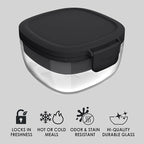 Bentgo Glass All-in-One Salad Container - Large 61-oz Salad Bowl with Lid, 4-Compartment Bento-Style Tray, 3-oz Sauce Container, and Reusable Fork - Dishwasher, Microwave, and Oven Safe (Black Onyx)