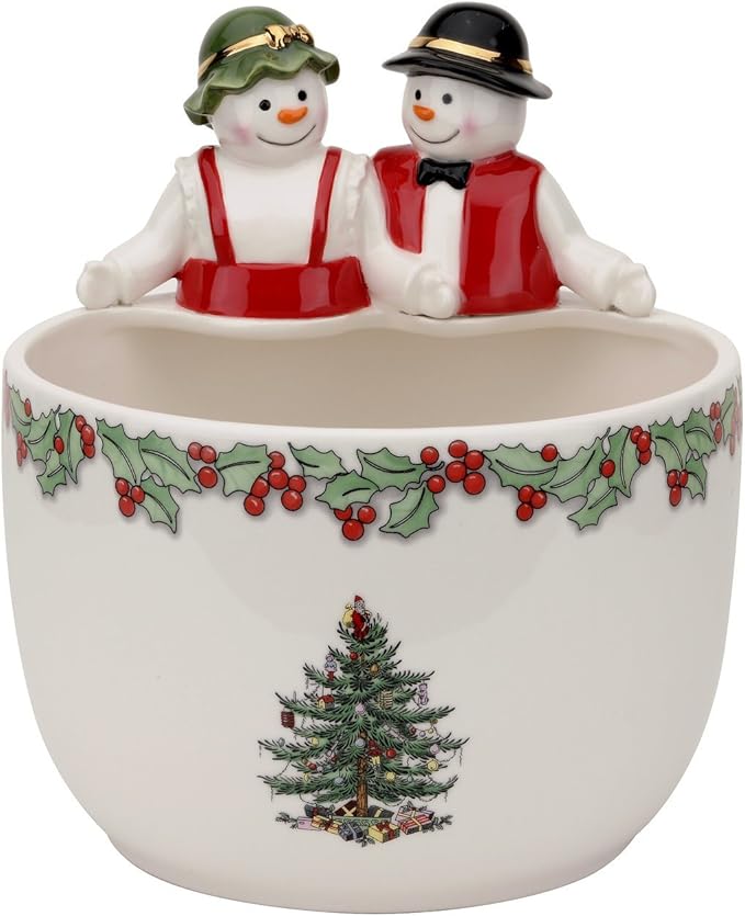 Spode Christmas Tree 9-Inch Candy Bowl - Mr. & Mrs. Snowman Decorative Earthenware Bowl for Serving Candy, Nuts, Holiday Treats - Festive Tableware & Charming Holiday Decor - Dishwasher Safe