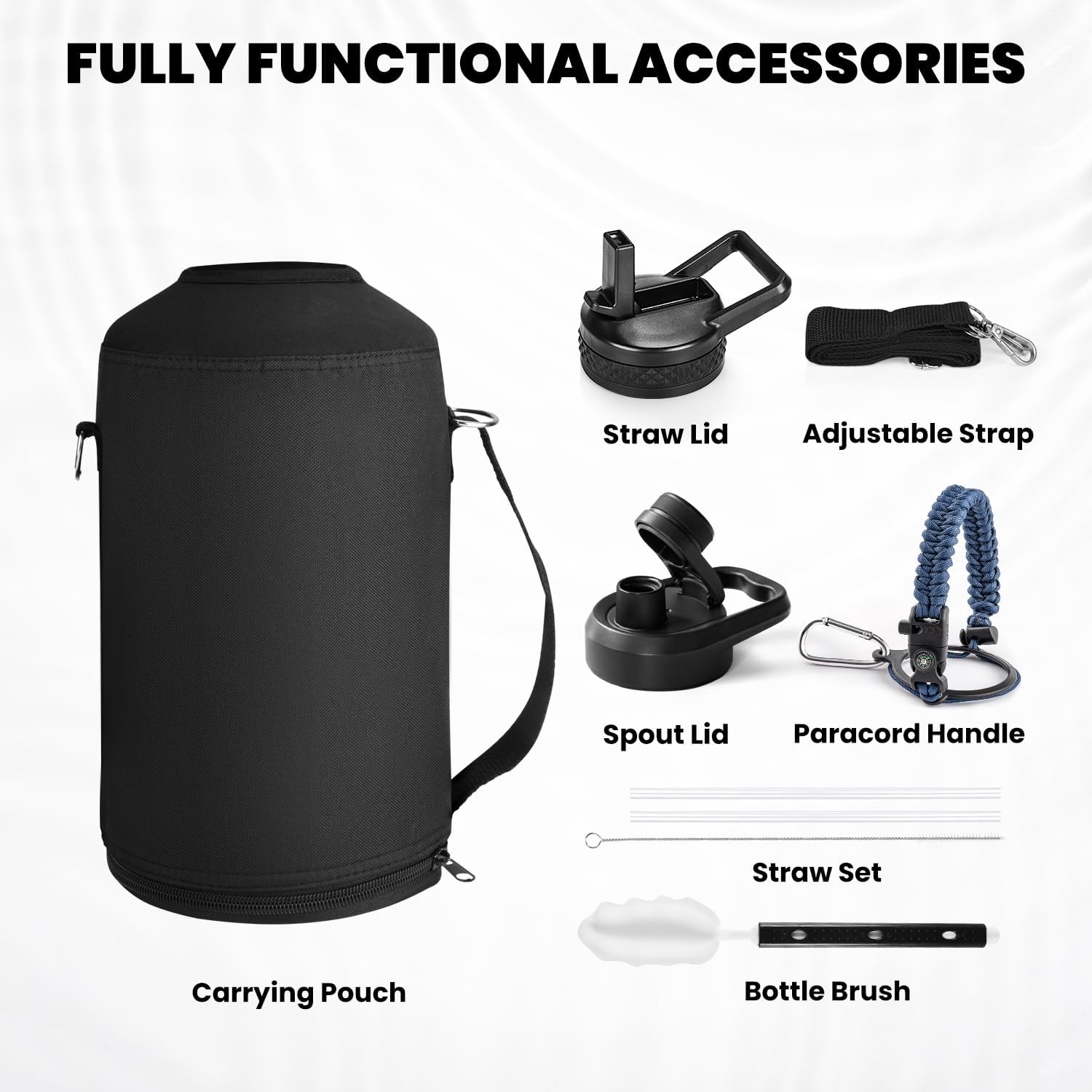 One Gallon Water Bottle Insulated, Triple Walled Vacuum Stainless Steel (Cold for 48 Hrs), Leak Proof & Non-BPA, Large Water Flask Jug with Paracord Handle & Straw Spout Lids