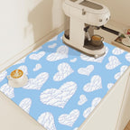 Valentine's Day Heart Blue Dish Drying Mat for Kitchen Counter, 23.6"x19.7" Coffee Bar, Super Absorbent Dish Drying Pad with Non-slip Rubber Backed, Quick Drying Mat for Coffee Machine
