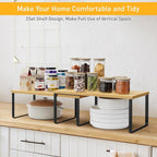 Cabinet Shelf Organizers, 15.7 inches Large Kitchen Counter Shelf, Set of 2 Wood Kitchen Pantry Organizer, Storage Shelves for Countertop, Spice Rack, Stackable, Expandable, Metal Black, Nature