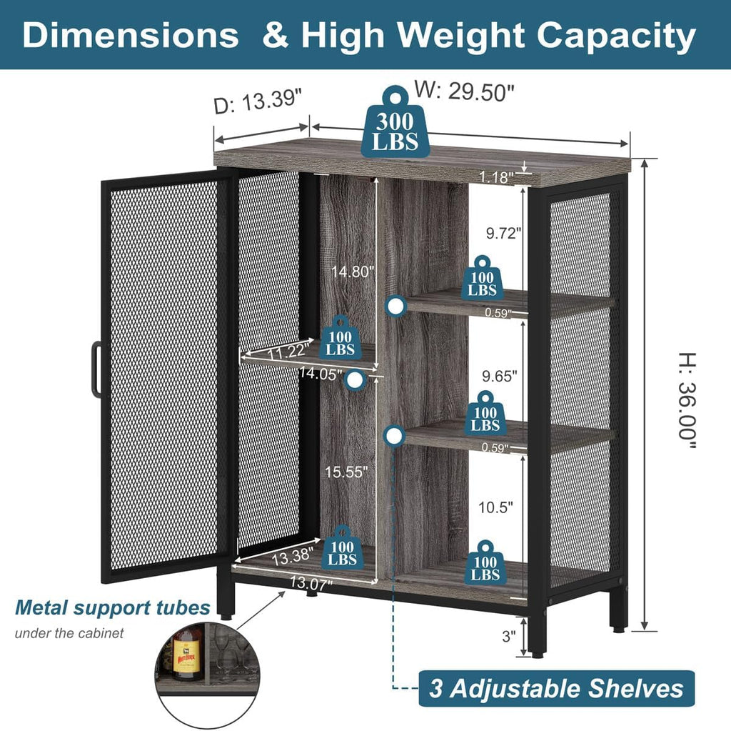 BON AUGURE Liquor Cabinet Bar for Home, Farmhouse Coffee Storage Cabinet for Kitchen, Small Wood Sideboard Buffet Station Cabinets with Door (Dark Grey Oak, 36")