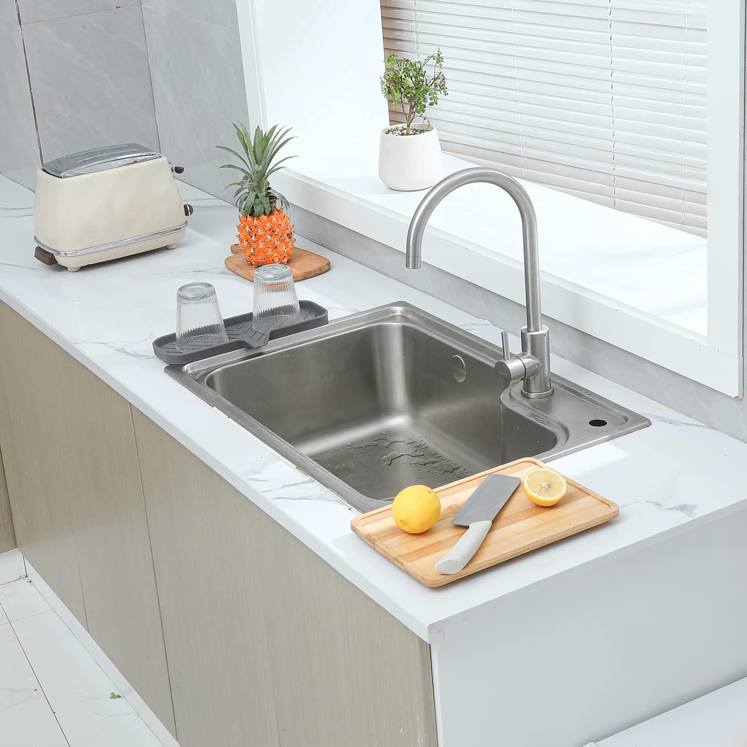 Silicone Bathroom Soap Dishes with Drain Spout-Bathroom and Kitchen Sink Organizer,Sponge Holder,Dish Soap Tray,Perfect for Dispenser,Scrubber,Bottle,Cup on Sink or Counter-Grey 12"×4"