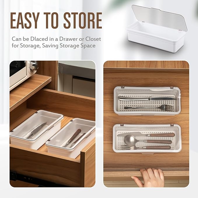 Remerry 6 Pcs Flatware Tray with Lid and Drainer, Plastic Utensil Organizer, Kitchen Cutlery Transparent Storage Box with Lid and Drain Rack, Drawer Tableware Storage Box for Home and Travel (White)