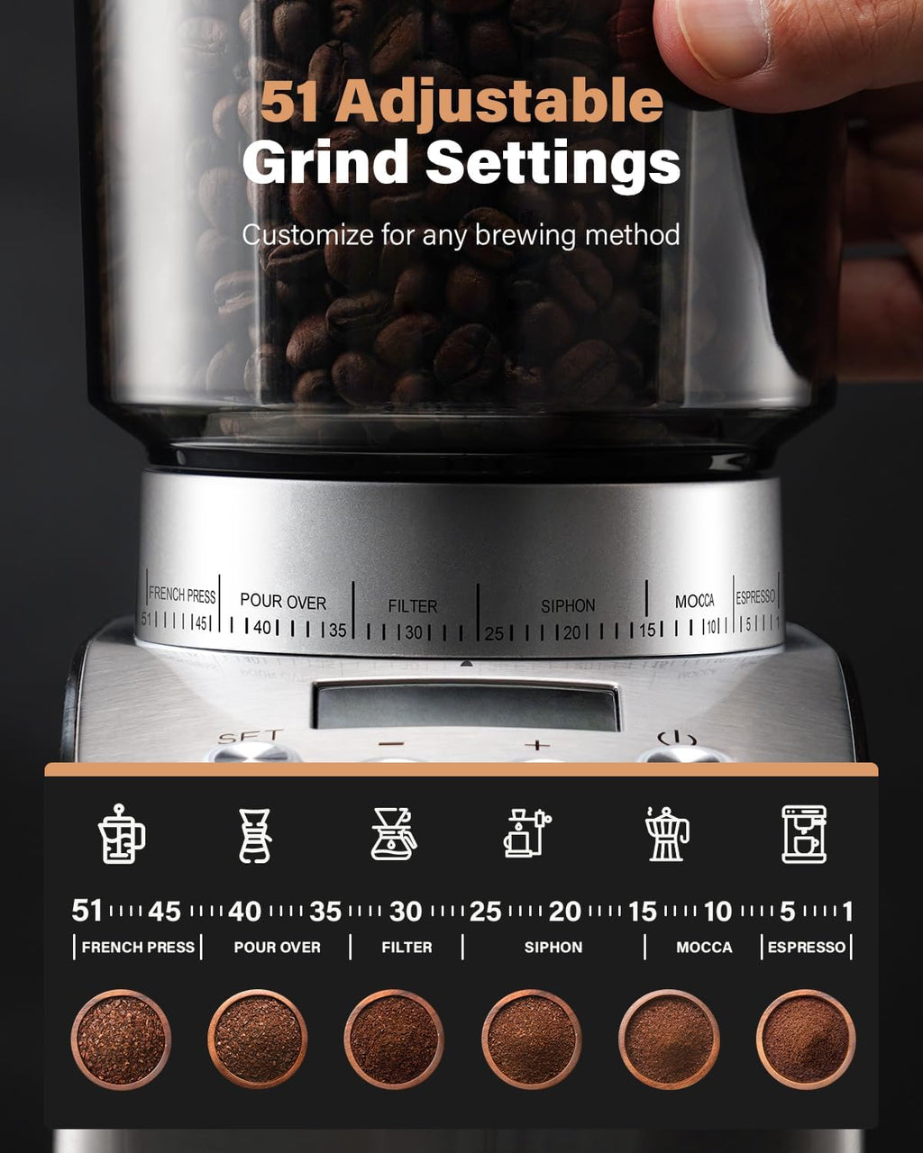 SHARDOR Conical Burr Coffee Grinder Electric, Espresso Coffee Bean Grinder with Precision Electronic Timer, Adjustable Burr Mill with 51 Precise Settings for Home Use, Stainless Steel Container