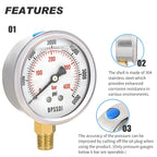 0-6000 Psi Glycerin Liquid Filled Hydraulic High Pressure Gauge, 2.5" Dial Size, 1/4" NPT Lower Mount, 304 Stainless Steel Case, for Water Oil Air Gas Pressure Test