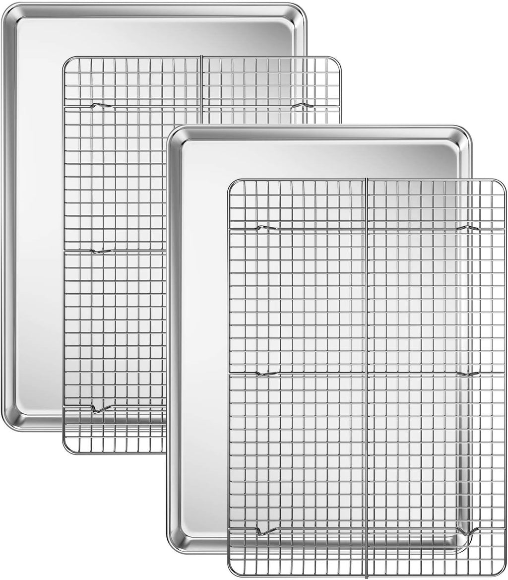 Baking Sheet with Cooling Rack Set [2 Sheets + 2 Racks], Deedro Stainless Steel Cookie Half Sheets Baking Pan Oven Tray with Rack, 17.3 x 12.3 x 1 Inch, Heavy Duty, Non-toxic, Dishwasher Safe
