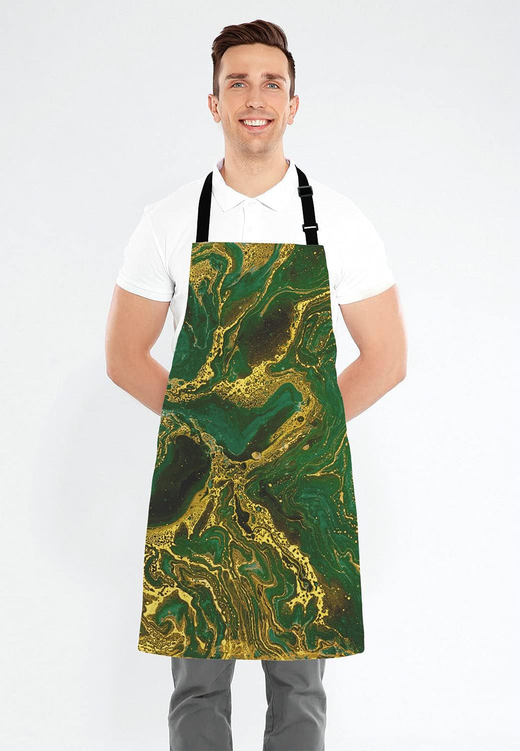 Watercolor Gold Marble Abstract Mineral Green Golden Waves Pattern Adjustable Bib Apron Kitchen Cooking Baking Gardening Apron for Women Men