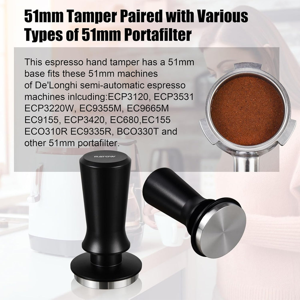 51mm Espresso Hand Tamper, MATOW Dual Calibrated Spring Loaded Coffee Tamper with Stainless Steel Flat Base, Pro-barista 30lbs Espresso Tamper with Anodized Aluminum Handle