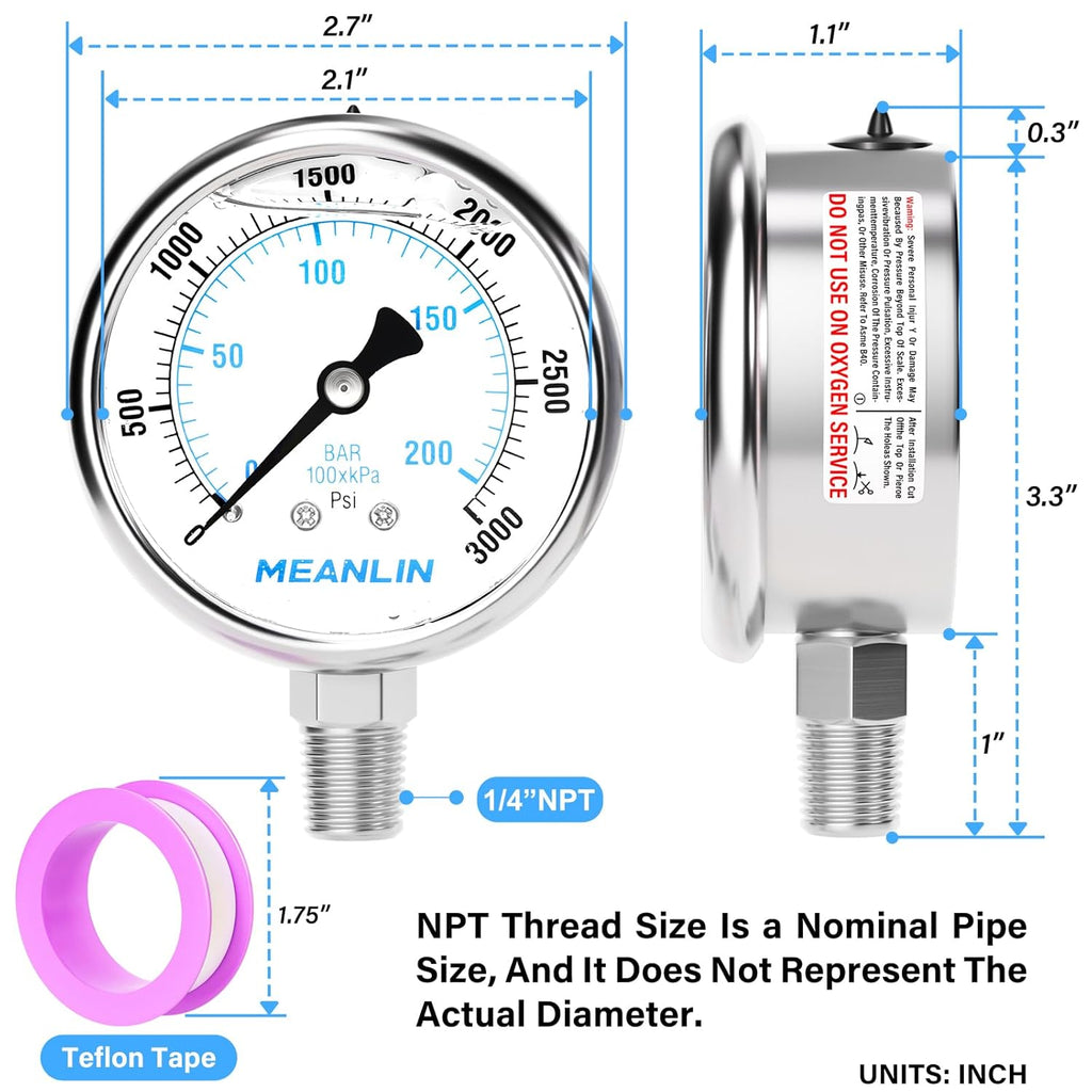 MEANLIN MEASURE 0~3000Psi Liquid Filled Pressure Gauge Stainless Steel with 316 Stainless Steel Joint 1/4" NPT 2.5" FACE DIAL for WOG Water Oil Air Lower Mount