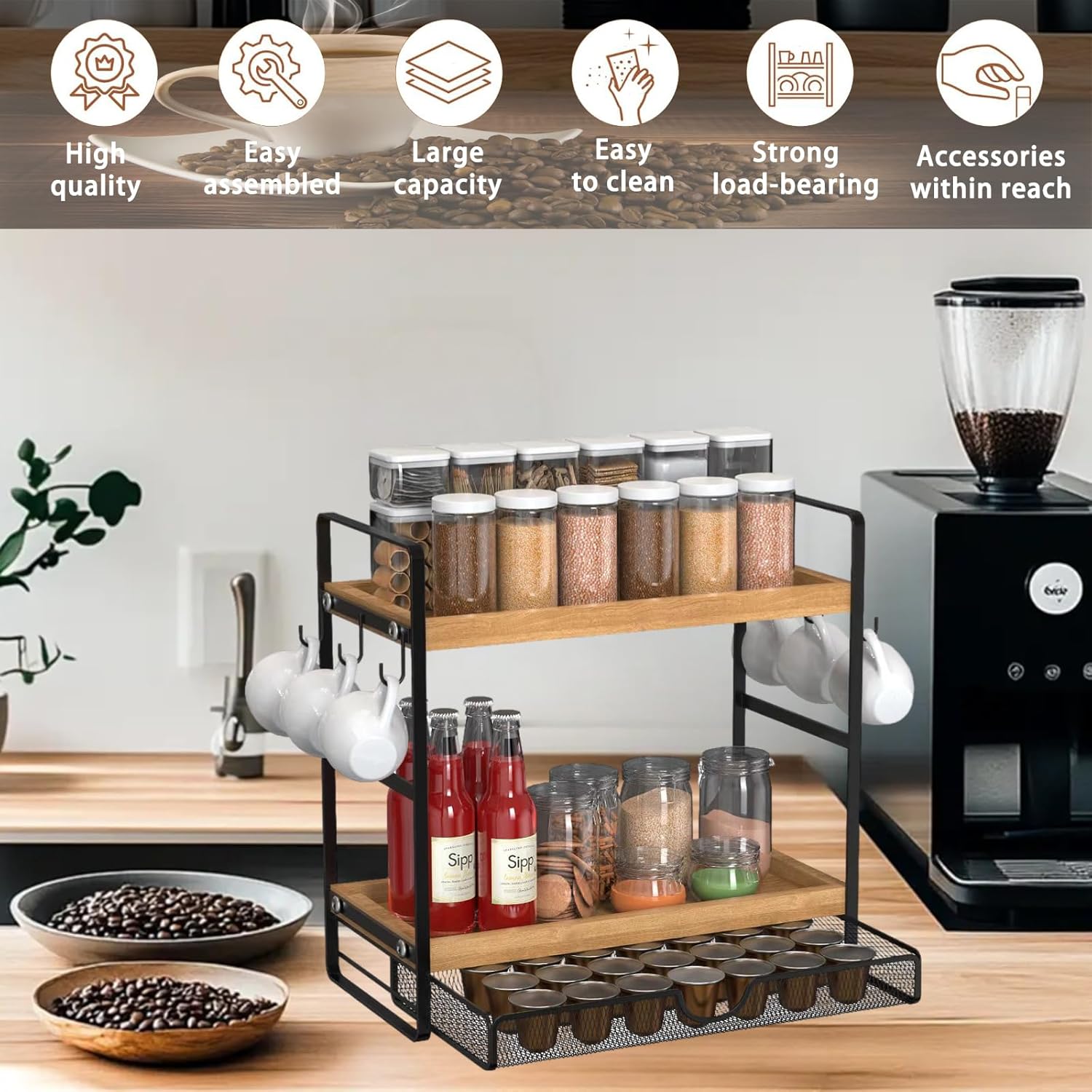 LEMIKKLE 2-Tier Coffee Station Organizer with Pod Holder and Drawer, Kitchen Countertop Organizer, Coffee Bar Accessories Station with Coffee Pod Storage, Coffee Organizer