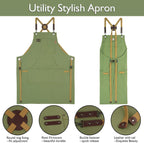 Kitchen Apron, Work Apron, Canvas, Multiple Pockets, Gardening, Painting, BBQ, Artist, Carpenter, Sizes M to XXL, Olive