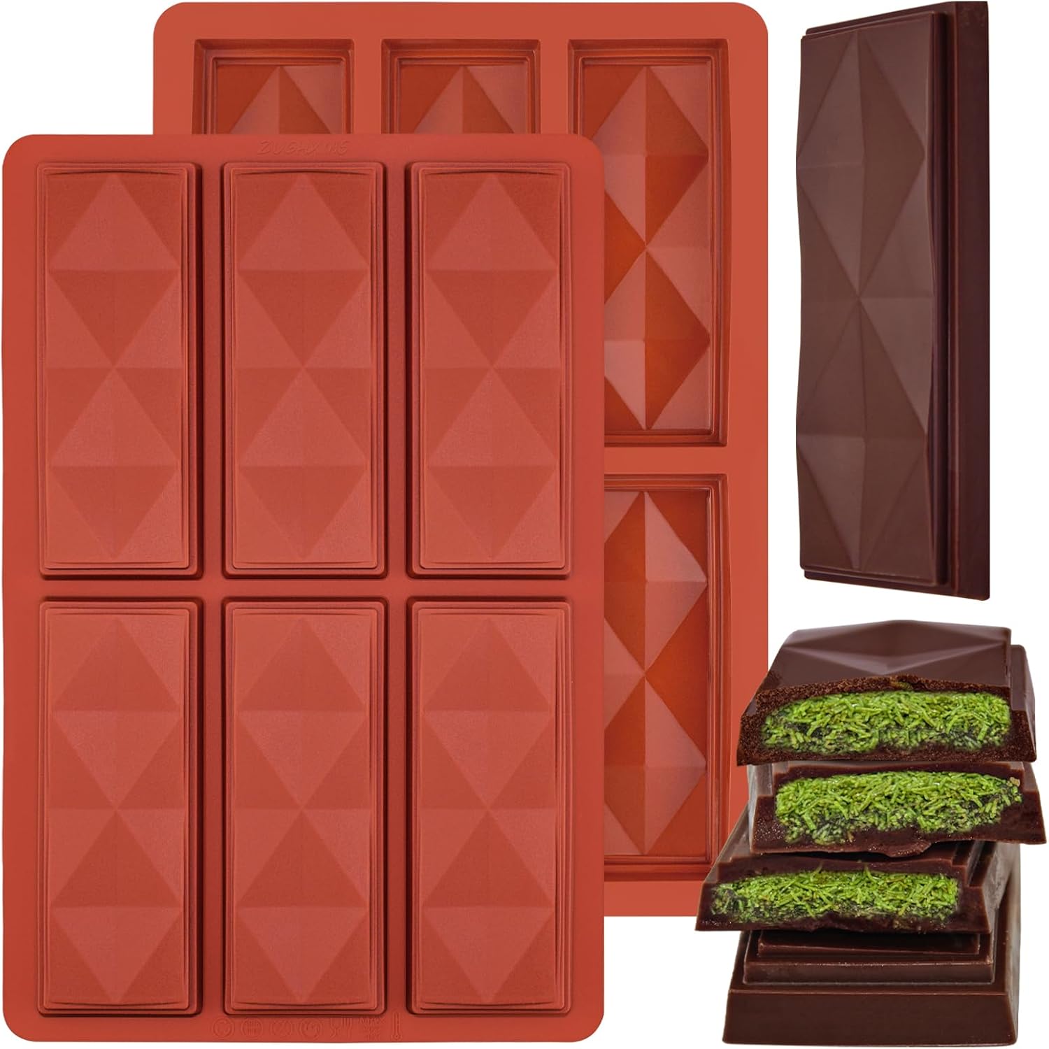 Chocolate Bar Molds Mini Non Stick 2 Pack,Thick Food Silicone Mold for Stuffed Candy Dubai Knafeh Pistachio Granola Bar and Pastry Snacks