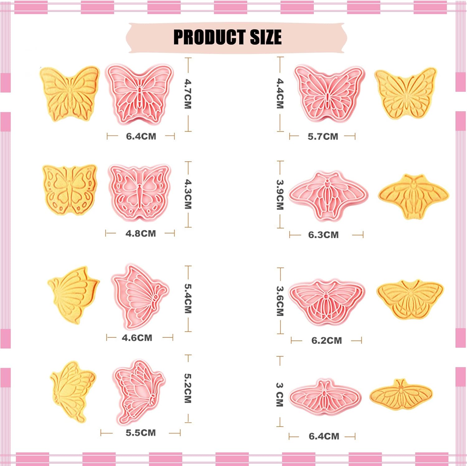 Butterfly Cookie Cutters 8 Pcs Plastic Biscuit Cutter Set 3D Pressable Cake Baking Fondant Embosser Stamps for Party Decoration Pastry Tools (F8)