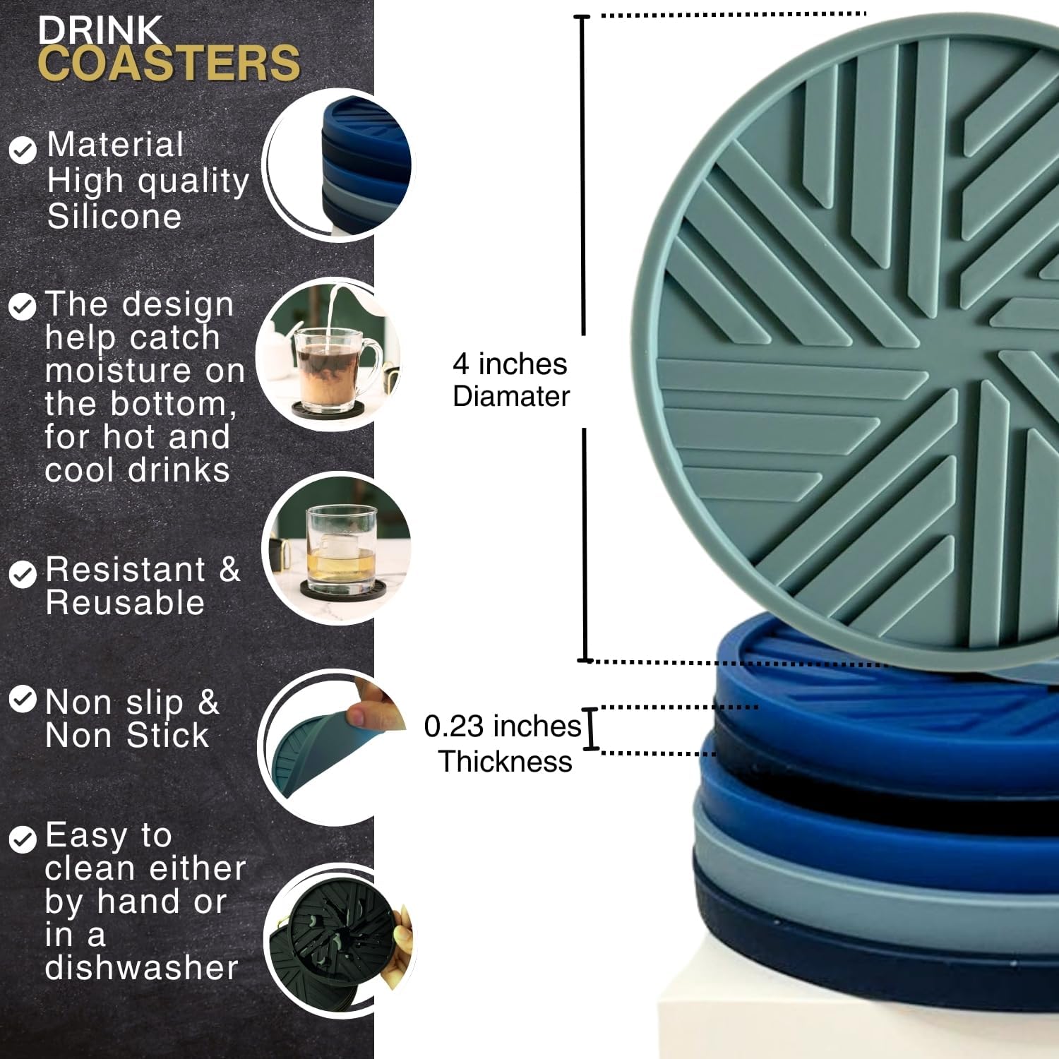 Coasters Set of 6 - Silicone Drink Coasters for Home Decor and Coffee Table Modern Elegant Blue Pattern - Round 4" Housewarming Gifts