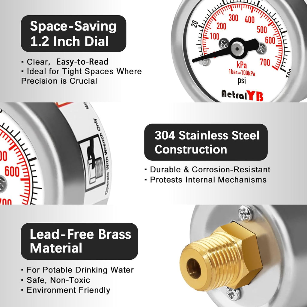 100Psi/700Kpa Mini Pressure Gauge,Stainless Steel Housing,Brass Internal,1.2 Inch Dial,NPT 1/8" Back Mount,Dry Type, Lead-Free Material,for Air,Water,Oil Pressure Test