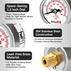 100Psi/700Kpa Mini Pressure Gauge,Stainless Steel Housing,Brass Internal,1.2 Inch Dial,NPT 1/8" Back Mount,Dry Type, Lead-Free Material,for Air,Water,Oil Pressure Test