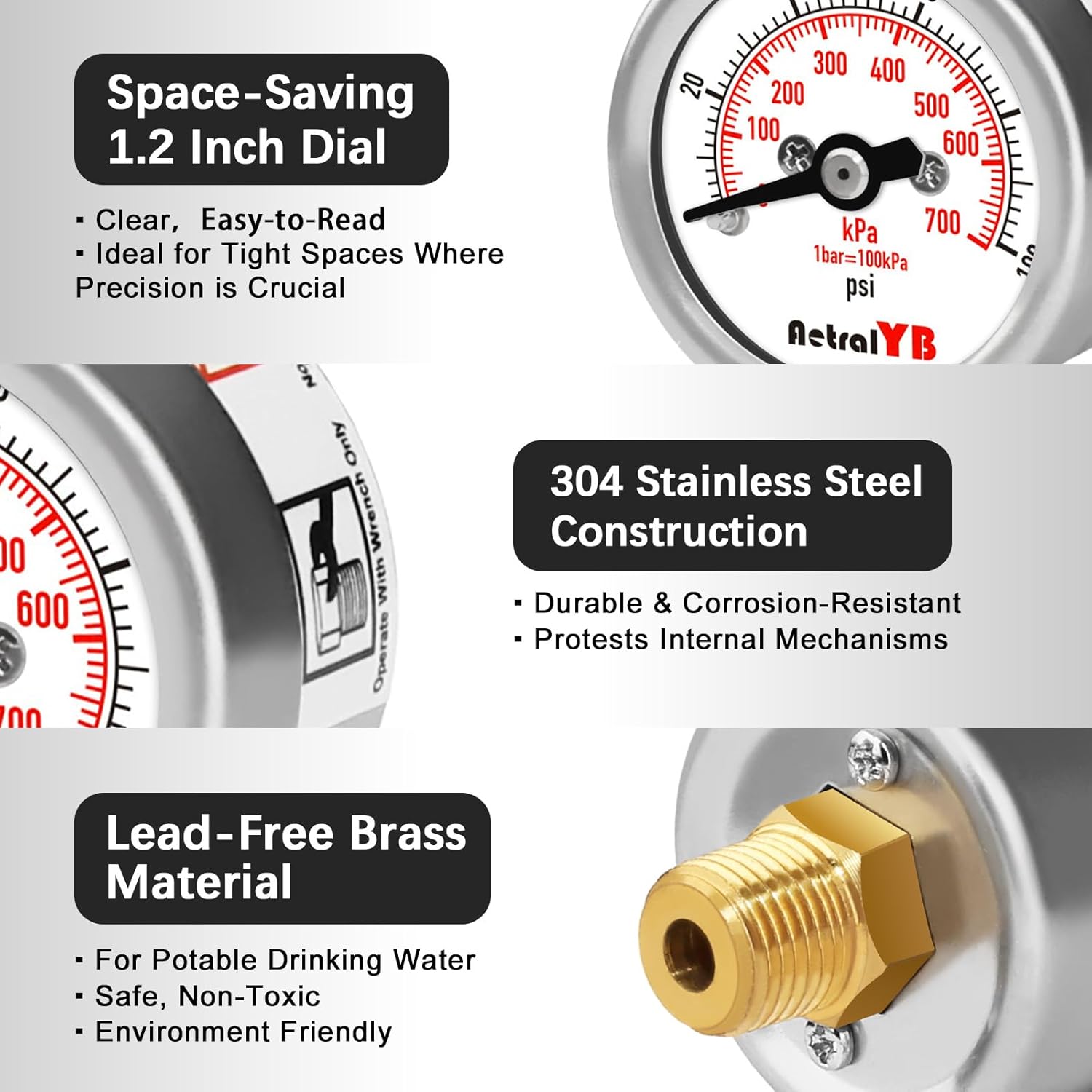 100Psi/700Kpa Mini Pressure Gauge,Stainless Steel Housing,Brass Internal,1.2 Inch Dial,NPT 1/8" Back Mount,Dry Type, Lead-Free Material,for Air,Water,Oil Pressure Test