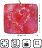 Valentines Day Dish Drying Mat for Kitchen Counter Red Heart Flower Decor Drying Mat 16 x 18 Inch with Absorbent Reversible Microfiber Dish Drying Pad Dish Rack Drainer Mat for Coffee Bar