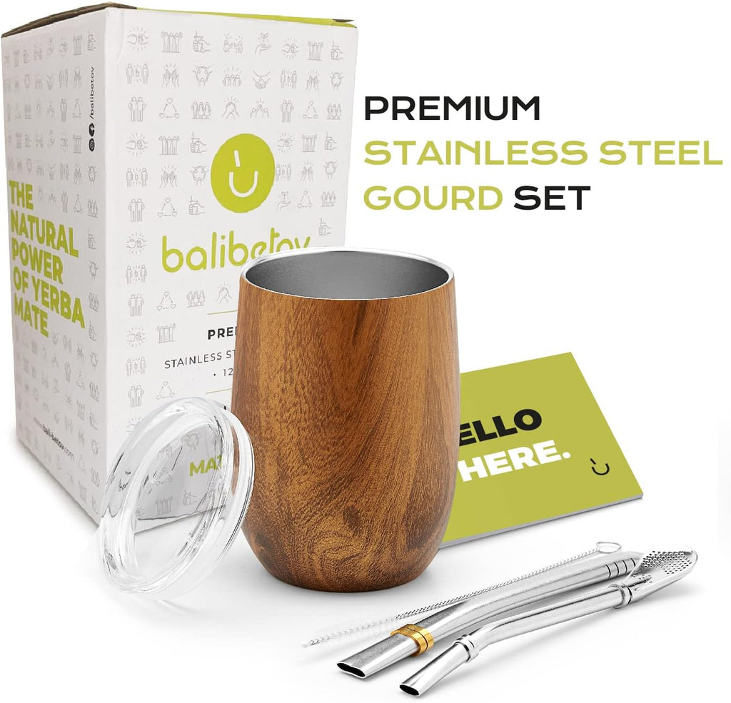 BALIBETOV 5 pcs large Yerba Mate Cup and Bombilla Kit, Includes one 8 oz Yerba Mate Gourd with Lid, Two Bombillas Mate Straw and one cleaning brush (Wood, 8.00)