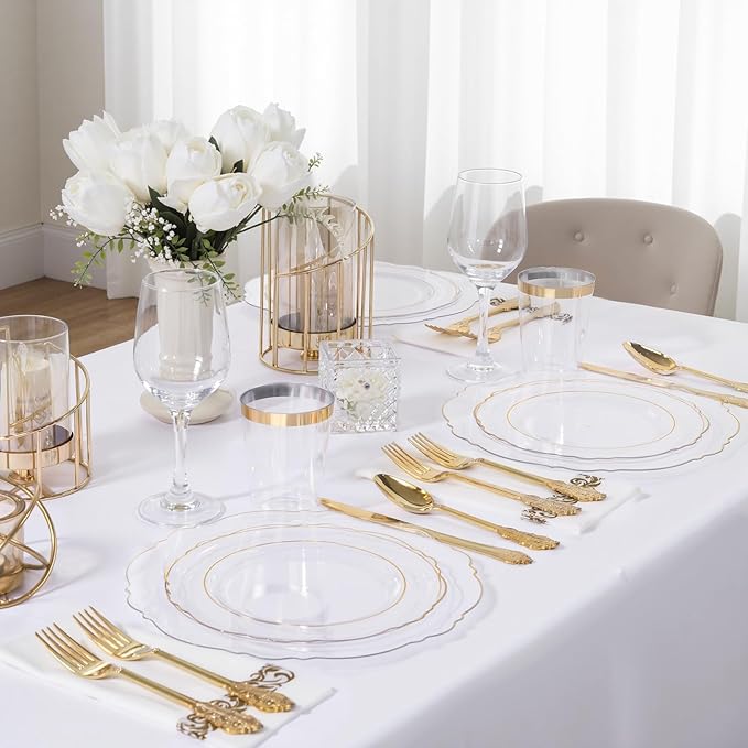 KIRE 210Pcs Clear and Gold Plastic Plates - Heavy Duty Clear Plates with Gold Rim - Disposable Dinnerware Sets of 60 Plastic Plate 90 Silverware 30 Cups 30 Napkins for Wedding/Thanksgiving Parties