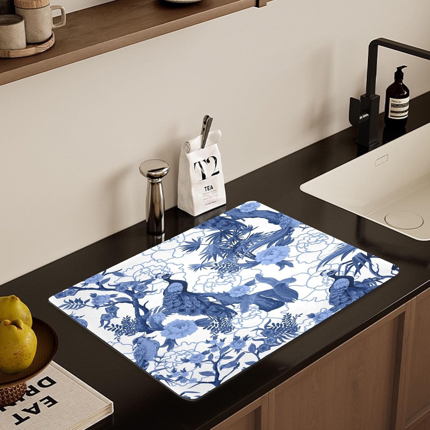 Dish Drying Mat for Kitchen Counter,Blue Peacocks Birds Dish Drying Pad with Non-slip Rubber Backed 19.7"x15.7" Hide Stain Anti Absorbent for Kitchen Counter, Drying Mat for Coffee Machine