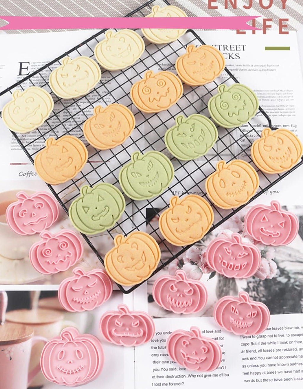 10 Pcs Halloween Cookie Cutters Set with Plunger Stamps, 3D Pumpkin Plastic DIY Cookie Molds for Halloween Party Treat, Baking, Fondant, Cake Decor (F10)