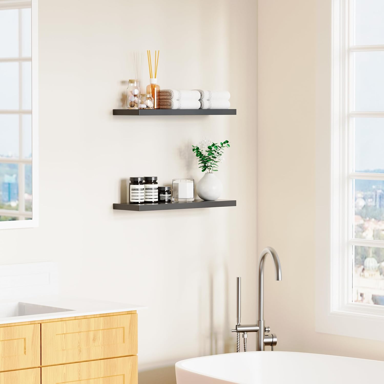 Floating Shelves for Wall, Black Wood Set of 2, 24" Mounted Shelf for Kitchen, Living Room, Bedroom, Bathroom Storage, Book Shelf, Home Decor, Frame Display